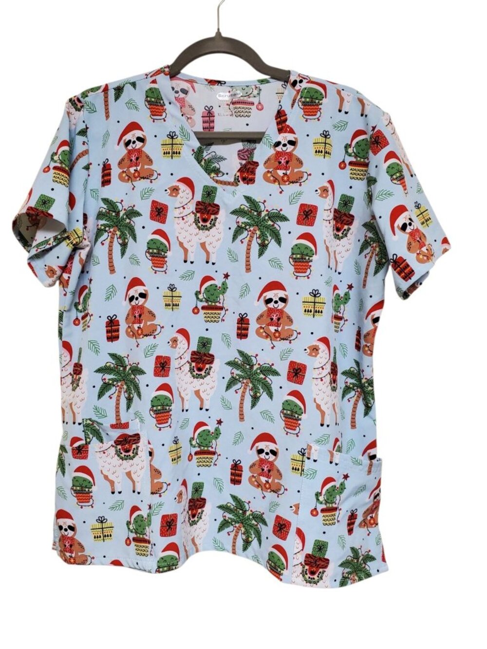 Scrubaid Women's Aqua Sloth Llama Christmas 2 Pocket Short Sleeve Scrub Top XL